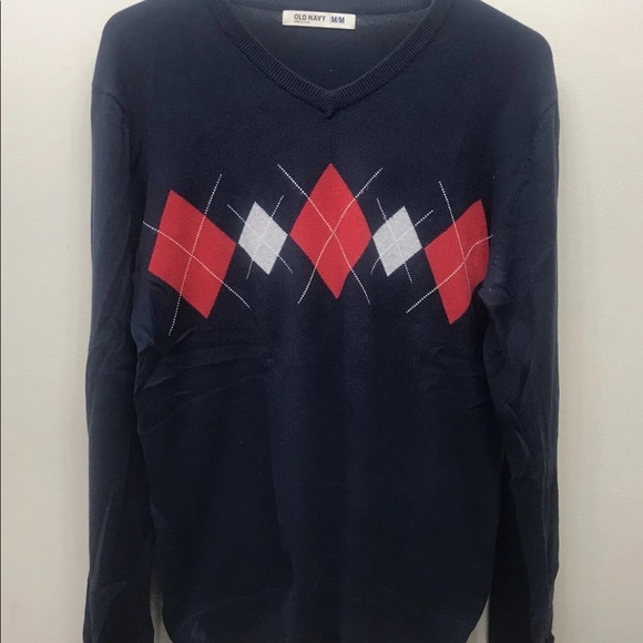 Old Navy Men’s V- Neck Argyle Sweater Black/ Red M - Picture 2 of 11